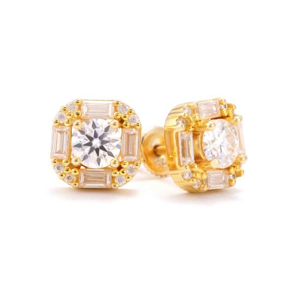 10MM Baguette Halo Moissanite Earrings 14K Gold - Image 2