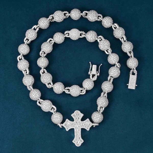 10MM Moissanite Baguette Cross Beads Link Chain 14k Gold - Image 2