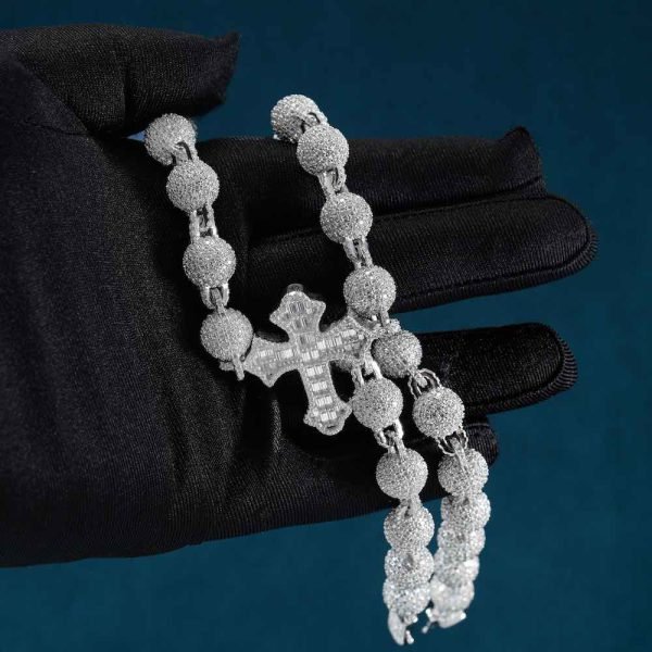 10MM Moissanite Baguette Cross Beads Link Chain 14k Gold - Image 8