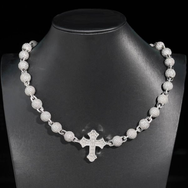 10MM Moissanite Baguette Cross Beads Link Chain 14k Gold - Image 9