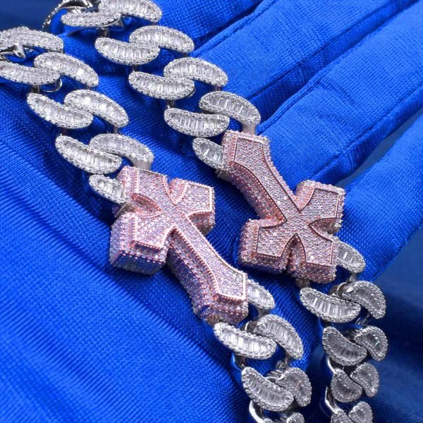 CUSTOM CLASP 15MM Moissanite Baguette Cross Miami Cuban Link Chain 14K Gold - Image 3