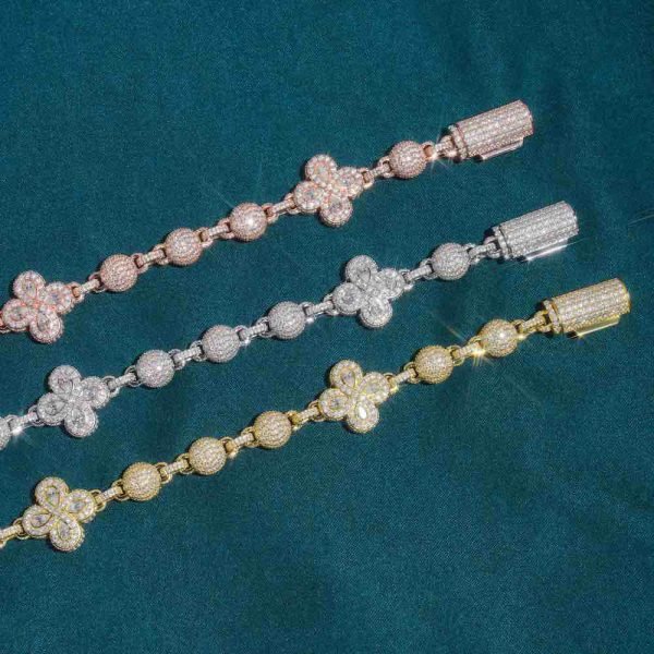 19MM Moissanite Beads Link Leaf Clover Chain 14k Gold - Image 3