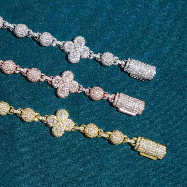 19MM Moissanite Beads Link Leaf Clover Chain 14k Gold - Image 4