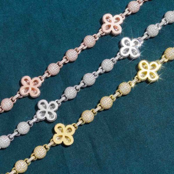 19MM Moissanite Beads Link Leaf Clover Chain 14k Gold - Image 5