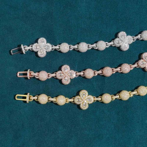 19MM Moissanite Beads Link Leaf Clover Chain 14k Gold - Image 6