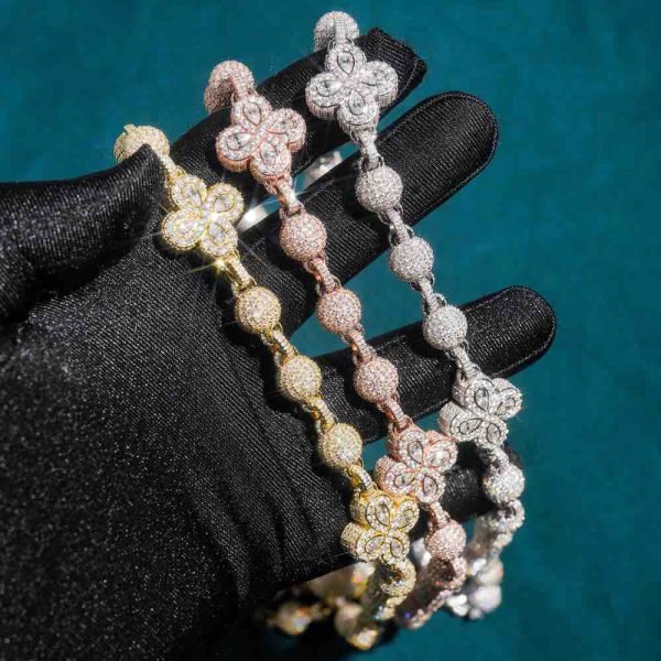 19MM Moissanite Beads Link Leaf Clover Chain 14k Gold - Image 7
