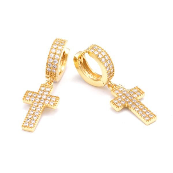 2-Row Moissanite Cross Earrings 14K Gold - Image 2