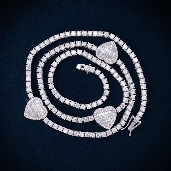 3MM Moissanite Triple Heart Tennis Necklace 14K Gold - Image 2