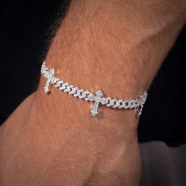6MM Moissanite Cross Cuban Link Bracelet 14K Gold