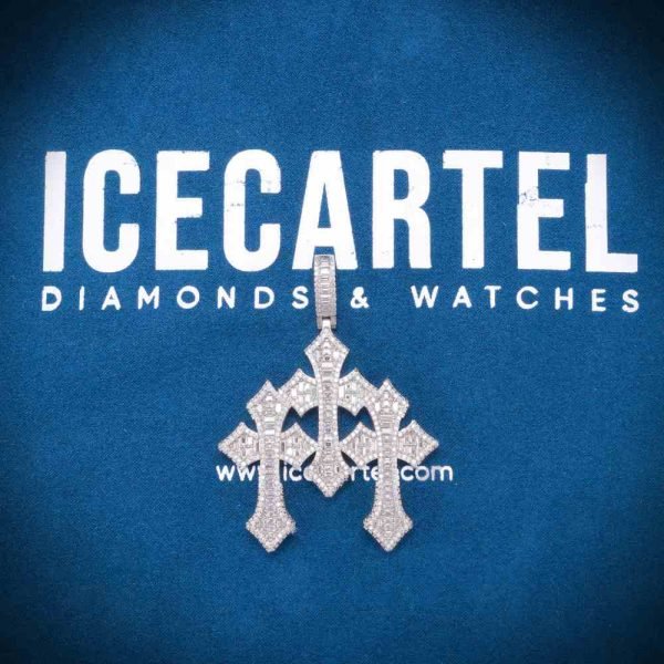 Baguette Moissanite Triple Ornamental Cross Pendant 14K Gold - Image 3