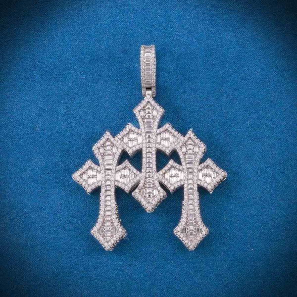 Baguette Moissanite Triple Ornamental Cross Pendant 14K Gold - Image 2