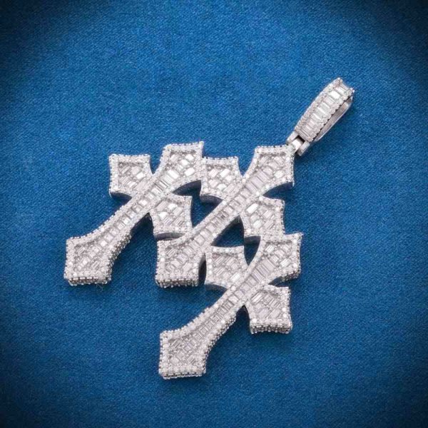 Baguette Moissanite Triple Ornamental Cross Pendant 14K Gold - Image 4