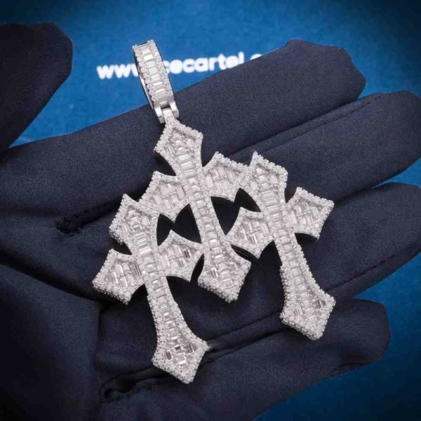 Baguette Moissanite Triple Ornamental Cross Pendant 14K Gold - Image 5
