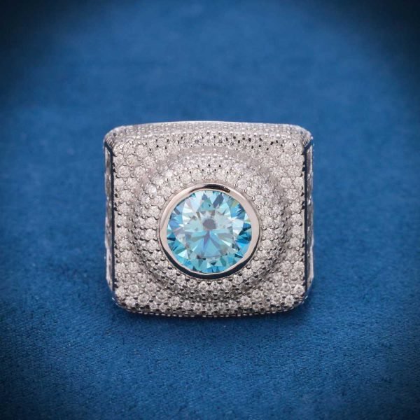 Blue Moissanite Signet Ring 14K White Gold - Image 2