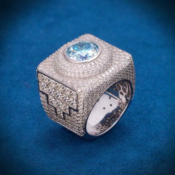 Blue Moissanite Signet Ring 14K White Gold - Image 3