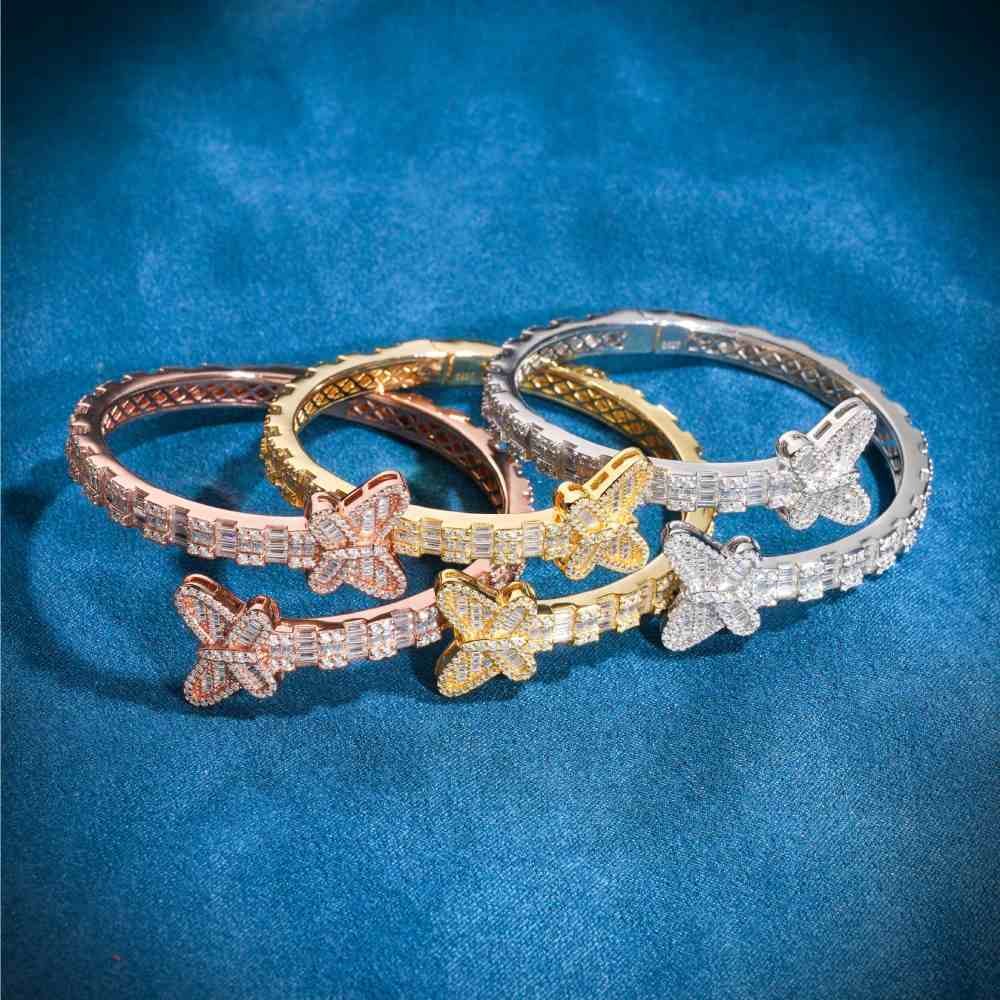 Butterfly Baguette Moissanite Bangle Bracelet 14K Gold - Image 3