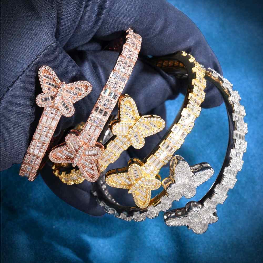 Butterfly Baguette Moissanite Bangle Bracelet 14K Gold - Image 2