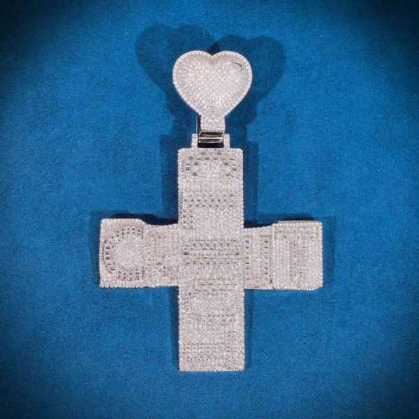 Custom Moissanite Cross Pendant With Heart Bail - Image 2