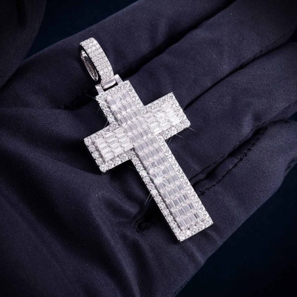Double Layer Emerald Cut Moissanite Cross Pendant 14K Gold - Image 5