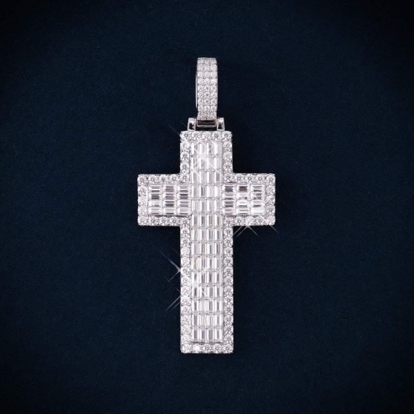Double Layer Emerald Cut Moissanite Cross Pendant 14K Gold - Image 2