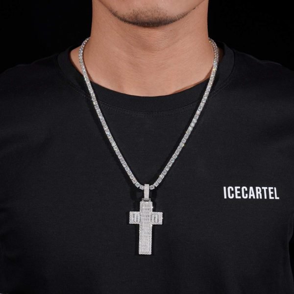 Double Layer Emerald Cut Moissanite Cross Pendant 14K Gold - Image 3