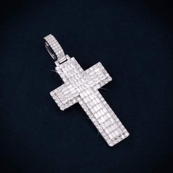 Double Layer Emerald Cut Moissanite Cross Pendant 14K Gold - Image 4