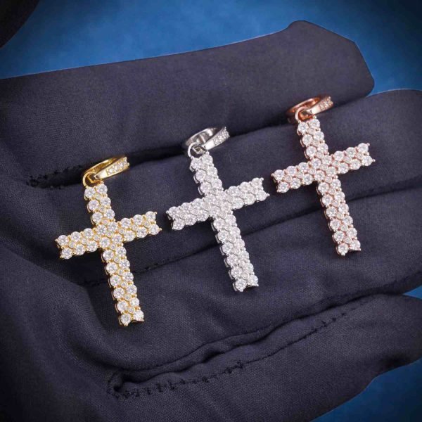 Moissanite 2 Row Mini Cross Pendant 14K Gold - Image 5