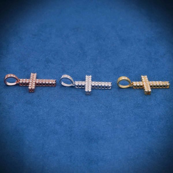 Moissanite 2 Row Mini Cross Pendant 14K Gold - Image 4