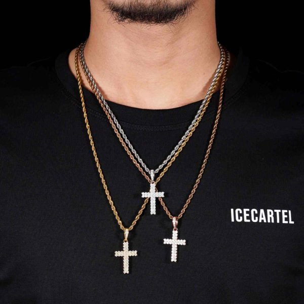 Moissanite 2 Row Mini Cross Pendant 14K Gold - Image 3