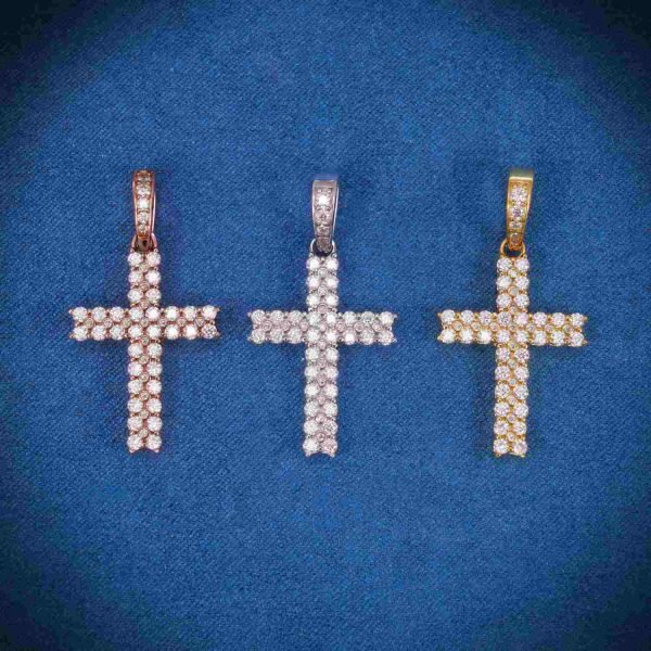 Moissanite 2 Row Mini Cross Pendant 14K Gold - Image 2