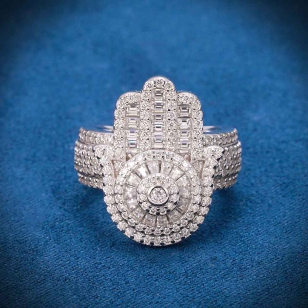 Moissanite Baguette Hamsa Hand Ring 14K White Gold - Image 2