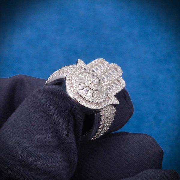Moissanite Baguette Hamsa Hand Ring 14K White Gold - Image 7
