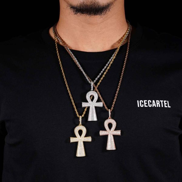 Moissanite Baguette Ankh Pendant 14K Gold - Image 3