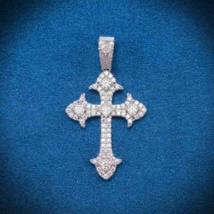 Moissanite Fleur Cross Pendant 14K Gold