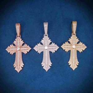Moissanite Spiked Ornamental Cross Pendant 14K Gold
