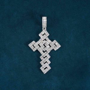 Moissanite Square Link Cross Pendant 14K Gold