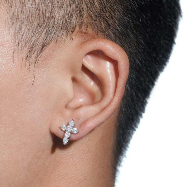 Round Cut Moissanite Cross Earrings 14K Gold - Image 3