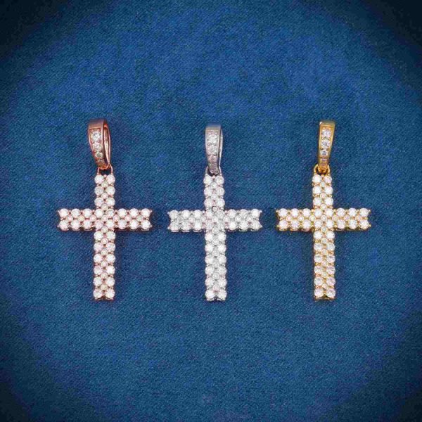 2 Row Moissanite Prong Cross Pendant 14K Gold - Image 2