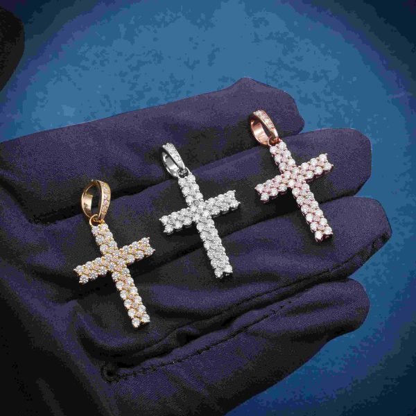 2 Row Moissanite Prong Cross Pendant 14K Gold - Image 5