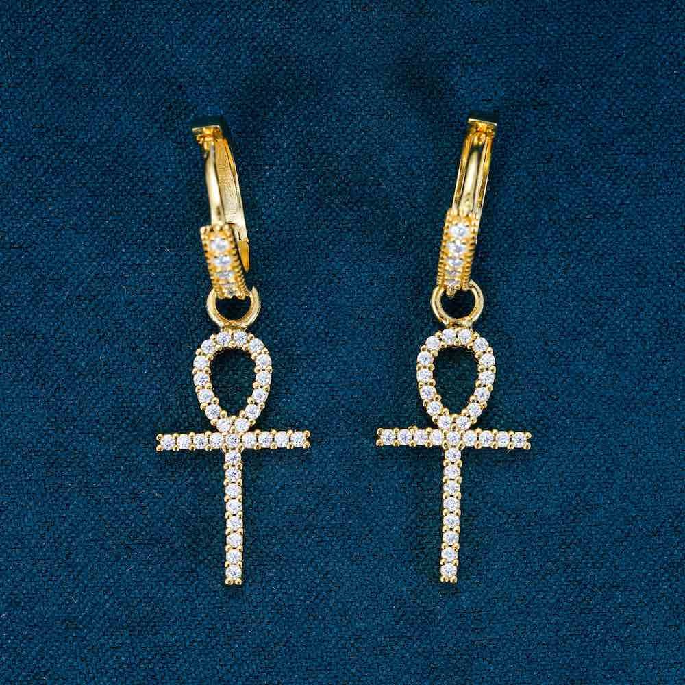 Moissanite Ankh Hoop Earrings 14K Gold - Image 3