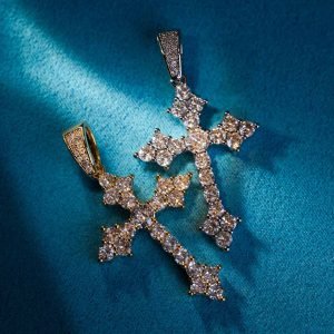 Moissanite Budded Cross Pendant 14K Gold