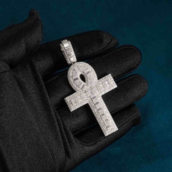Moissanite Baguette Ankh Pendant 14K Gold - Image 4