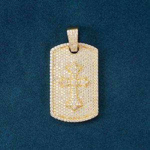 Moissanite Dog Tag Cross Pendant 14K Gold