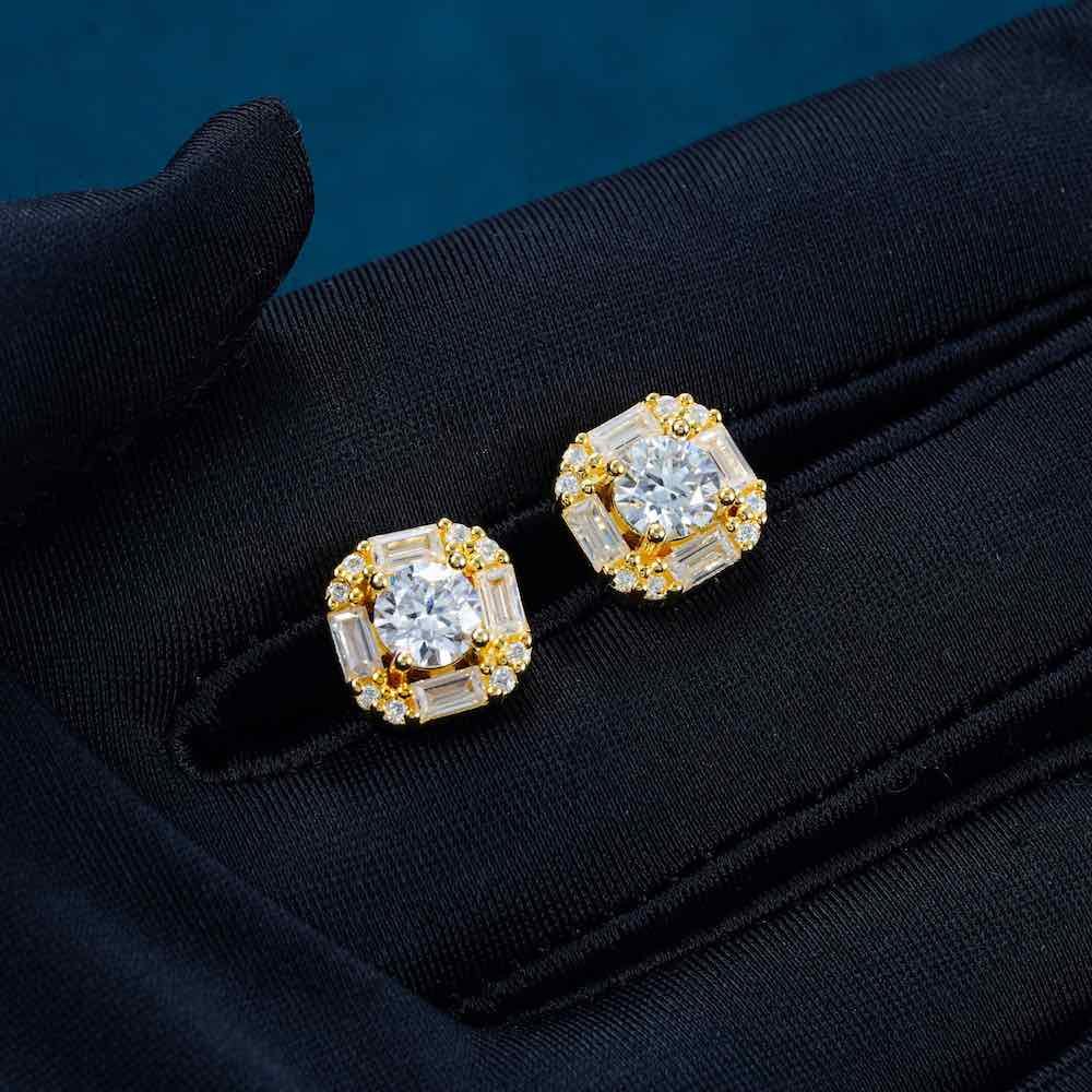Moissanite Baguette Halo Stud Earrings 14K Gold - Image 5