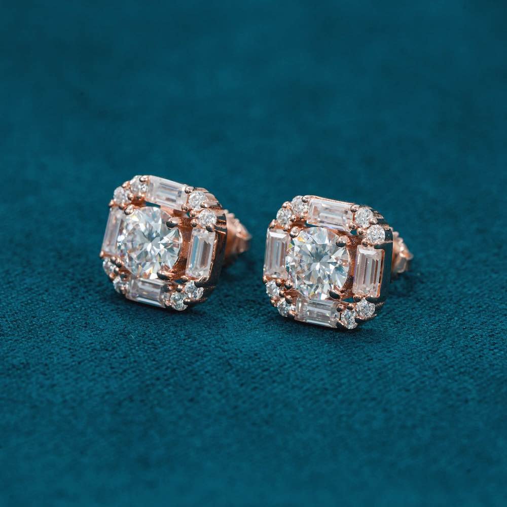 Moissanite Baguette Halo Stud Earrings 14K Gold - Image 3