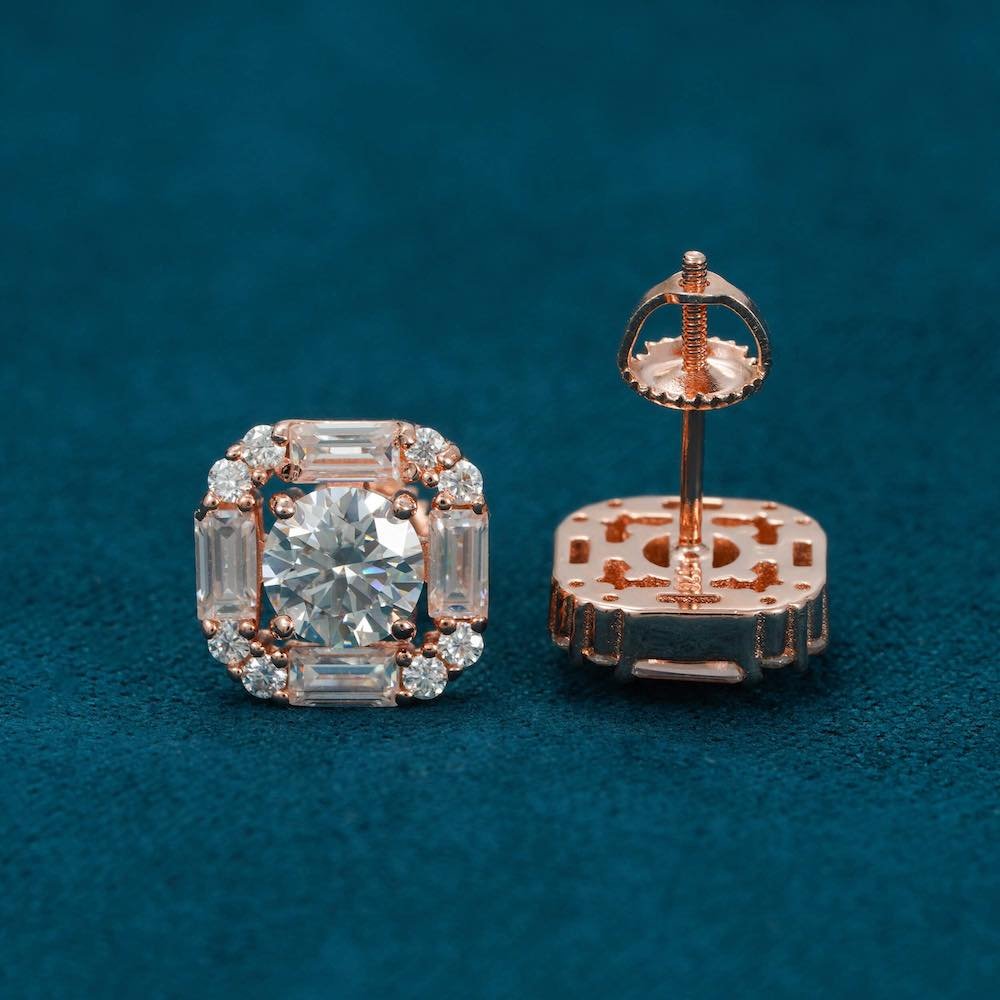 Moissanite Baguette Halo Stud Earrings 14K Gold - Image 6