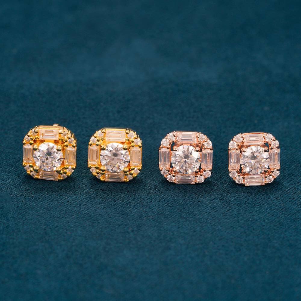 Moissanite Baguette Halo Stud Earrings 14K Gold - Image 4