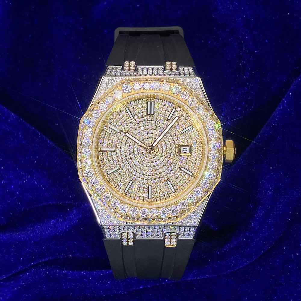 Moissanite Iced Out Silicone Band Watch | 13.5CT | 14K Yellow Gold - Image 2