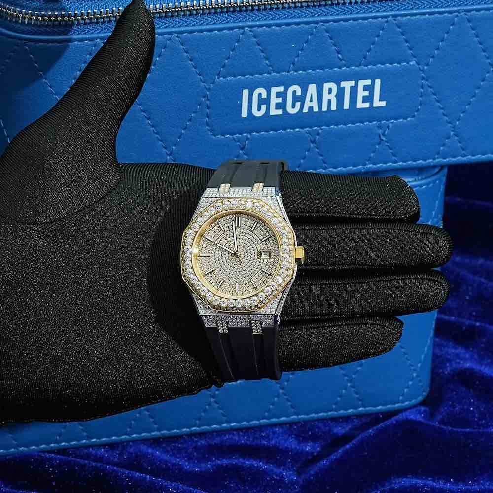 Moissanite Iced Out Silicone Band Watch | 13.5CT | 14K Yellow Gold - Image 4