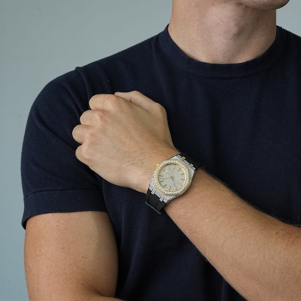 Moissanite Iced Out Silicone Band Watch | 13.5CT | 14K Yellow Gold - Image 3